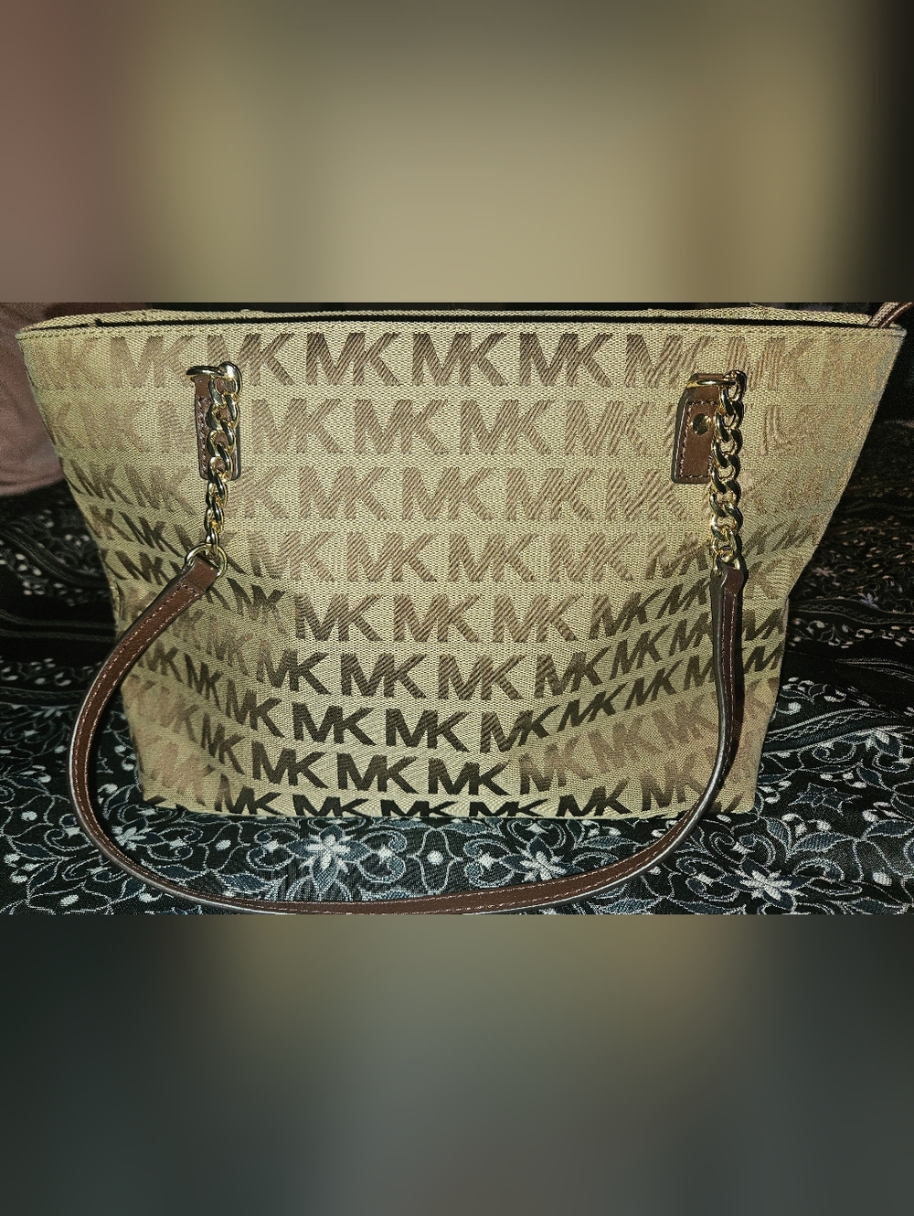 Michael Kors Brown and Beige MK Signature Tote with Chain Detail